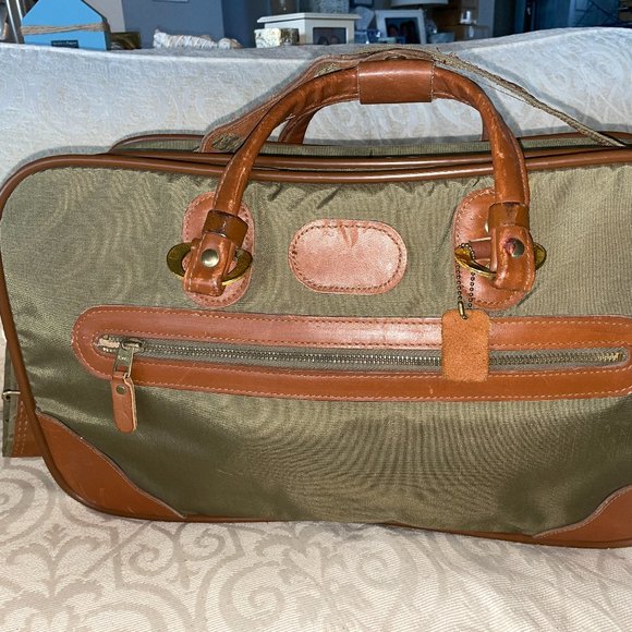 Green Nylon Weekend Travel Bag with Leather Trim